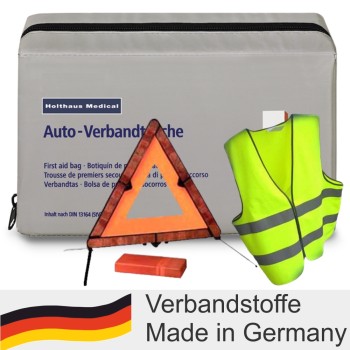 KFZ-Ttasche mit Verbandmaterial, Warnweste & Warndreieck
