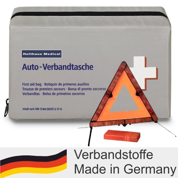 KFZ Klassik Verbandtasche + Nano Warndreieck HOLTHAUS Verbandkasten mit Füllung nach DIN 13 164 grau